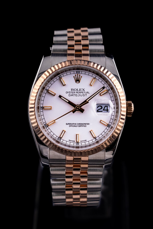 2006 Rolex Datejust 116231 for sale – two-tone rose gold and stainless steel with white dial on Jubilee bracelet