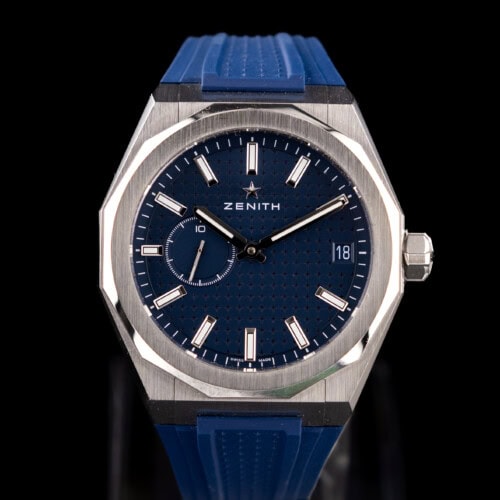 Zenith Defy Skyline blue dial stainless steel watch on blue rubber strap with date and small seconds