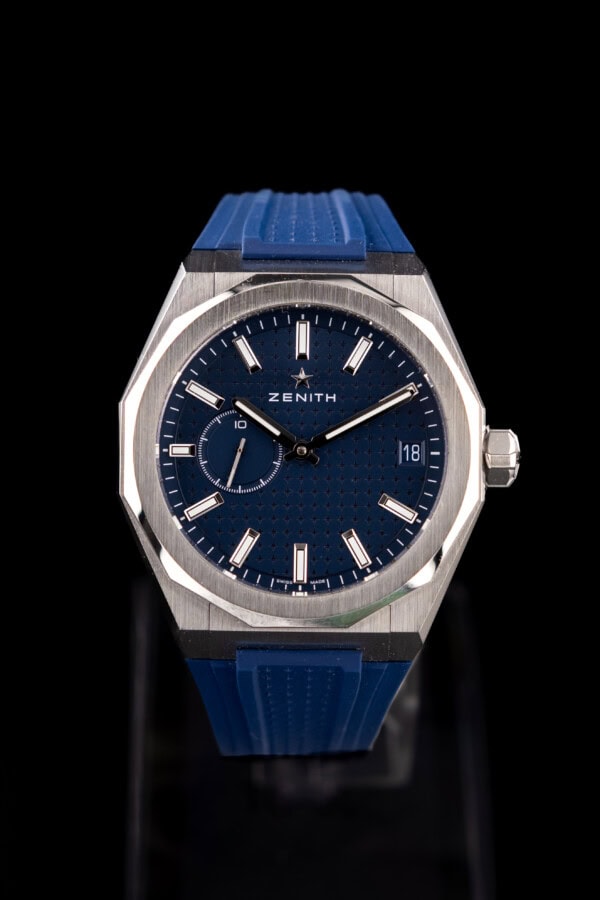 Zenith Defy Skyline blue dial stainless steel watch on blue rubber strap with date and small seconds