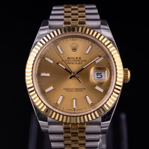 Rolex Datejust 41 champagne dial two-tone stainless steel and yellow gold watch with fluted bezel and Jubilee bracelet luminous markers