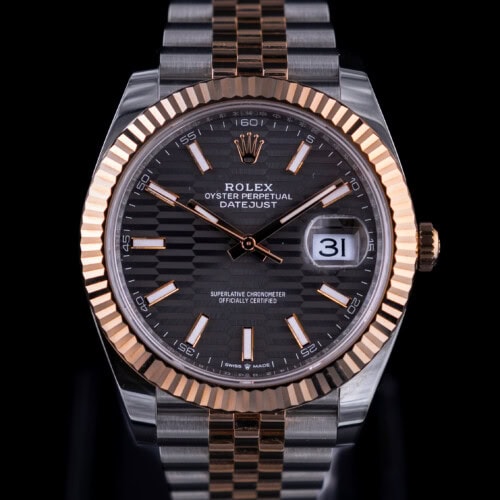 Rolex Datejust rhodium motif dial two-tone stainless steel and Everose gold watch with fluted bezel on Jubilee bracelet