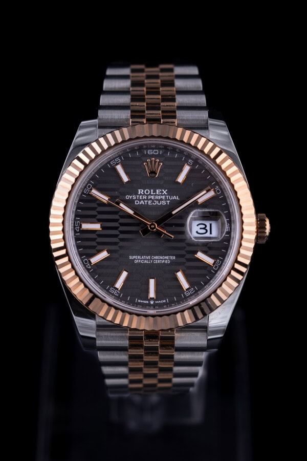 Rolex Datejust rhodium motif dial two-tone stainless steel and Everose gold watch with fluted bezel on Jubilee bracelet