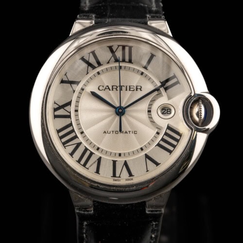 Cartier Ballon Bleu 42mm in steel with silvered guilloché dial, Roman numerals and blue cabochon crown