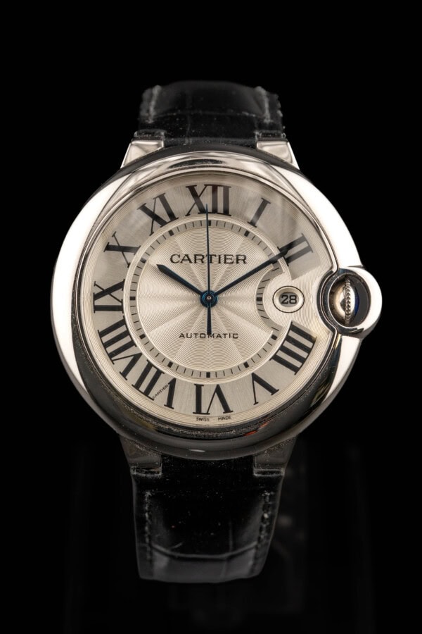 cartier-ballon-bleu-42mm-silver-dial Cartier Ballon Bleu 42mm in steel with silvered guilloché dial, Roman numerals and blue cabochon crown