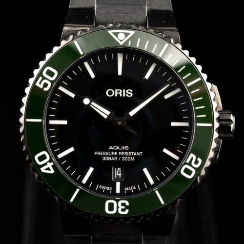 Oris Aquis Watches of Switzerland Edition with black DLC case and black dial on rubber strap