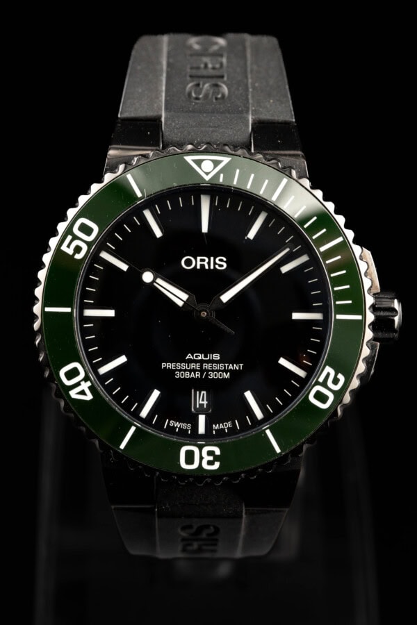 Oris Aquis Watches of Switzerland Edition with black DLC case and black dial on rubber strap