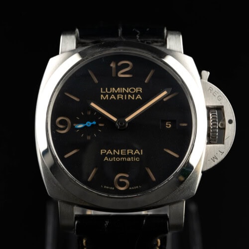 Panerai Luminor Marina PAM00131 with black sandwich dial and signature crown guard