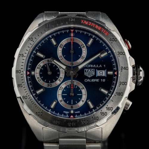 TAG Heuer Formula 1 Calibre 16 chronograph with blue dial and tachymetre bezel on steel bracelet