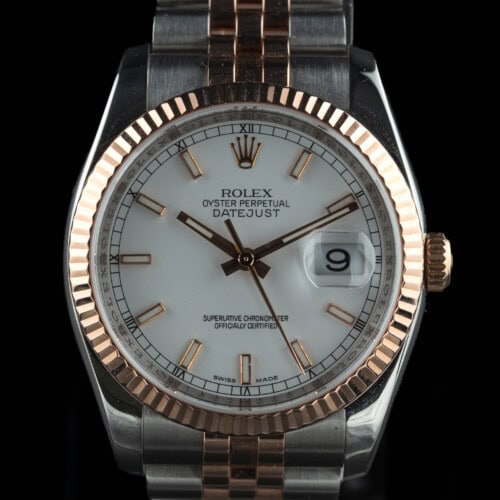 2006 Rolex Datejust 36 ref 116231 two-tone Everose and steel with white dial, fluted bezel and Jubilee bracelet