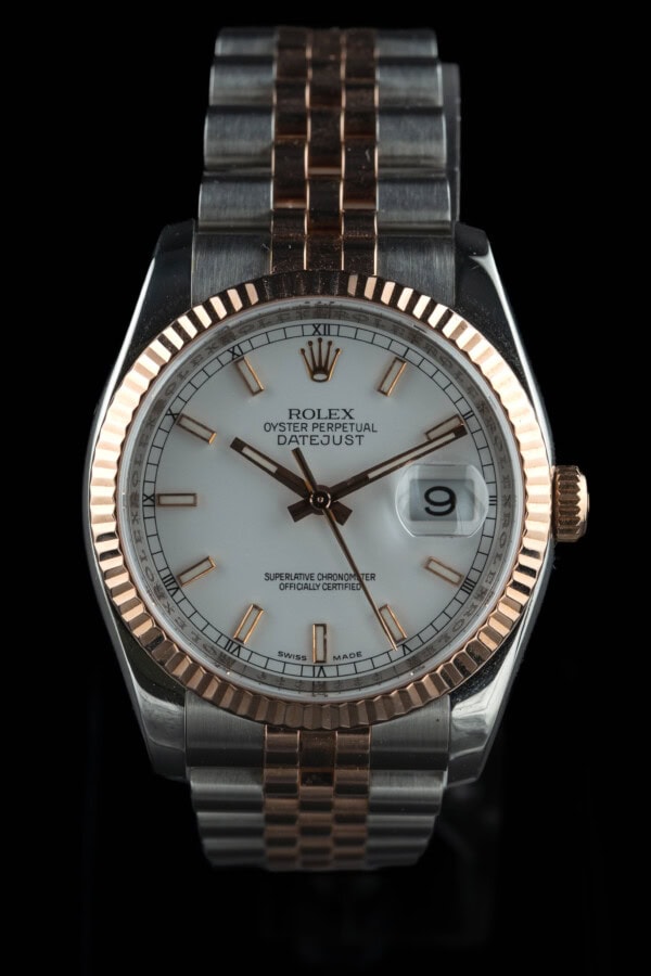 2006-rolex-datejust-36-116231-everose-white-dial-jubilee 2006 Rolex Datejust 36 ref 116231 two-tone Everose and steel with white dial, fluted bezel and Jubilee bracelet