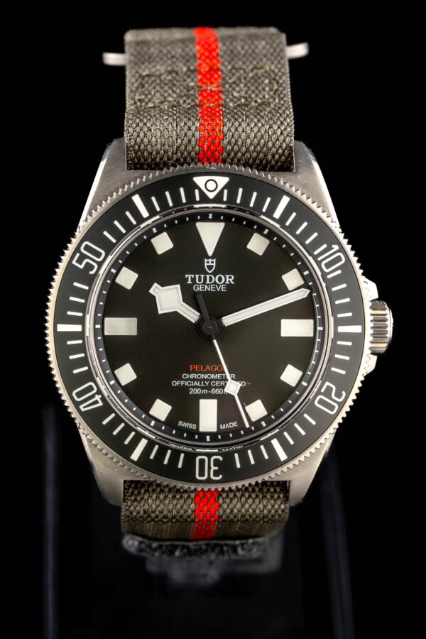 2024-tudor-pelagos-fxd-42-titanium-25717n-black-dial-nato 2024 Tudor Pelagos FXD 42 in titanium with matte black dial on canvas NATO strap