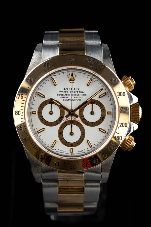 1997-rolex-daytona-16523-two-tone-white-dial Rolex Daytona 16523 two-tone steel and gold with white dial and gold tachymetre bezel on Oyster bracelet