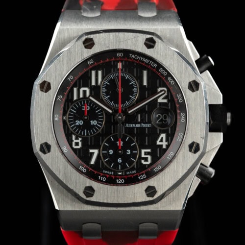 Audemars Piguet Royal Oak Offshore Vampire chronograph in steel with black Méga Tapisserie dial and red accents