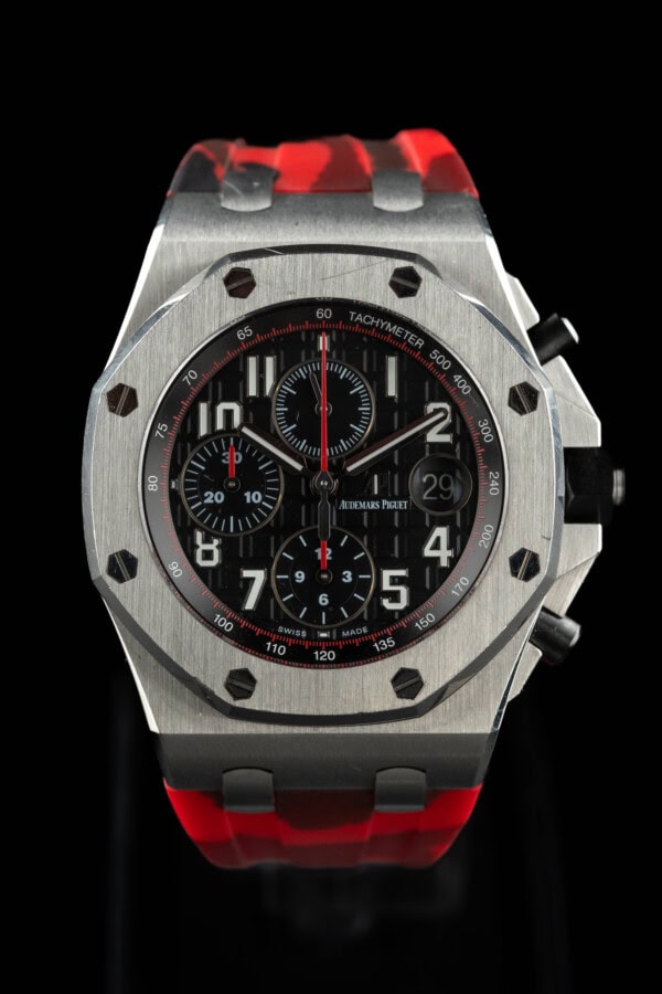 Audemars Piguet Royal Oak Offshore Vampire chronograph in steel with black Méga Tapisserie dial and red accents